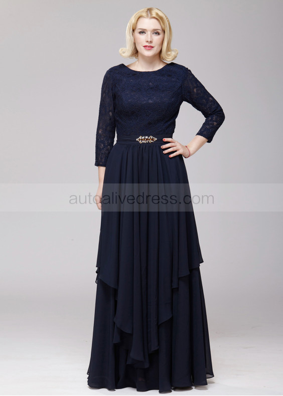 Navy Blue Lace Chiffon Modest Mother Of The Bride Dress 